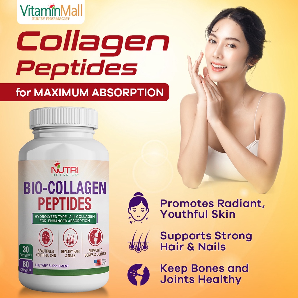 Nutri Botanics Bio Collagen Peptides – 60 Capsules – Hydrolyzed Collagen Type I, III – Supplement for Healthy Skin, Hair