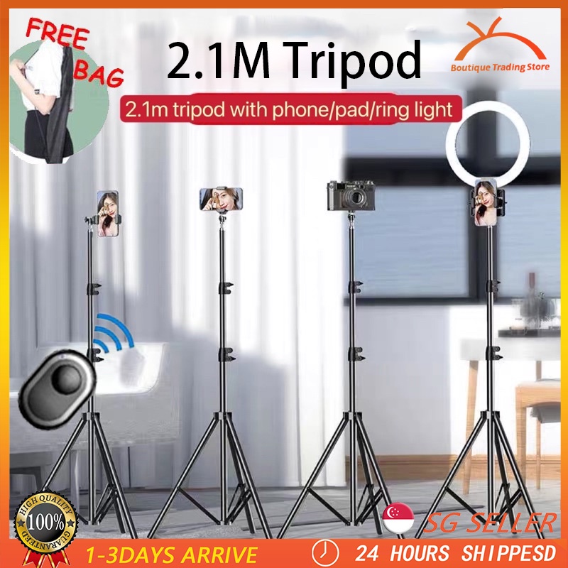 (SG Stock) Tripod Stand 210cm Portable Adjustable Stand Live Camera Selfie Tripod Bluetooth Phone Holder 2.1m手机三脚架支架