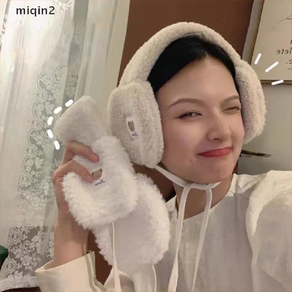 [miqin] New Cute Bear Ear Bag Ear Warmer Women Plush Earmuff Lace UP