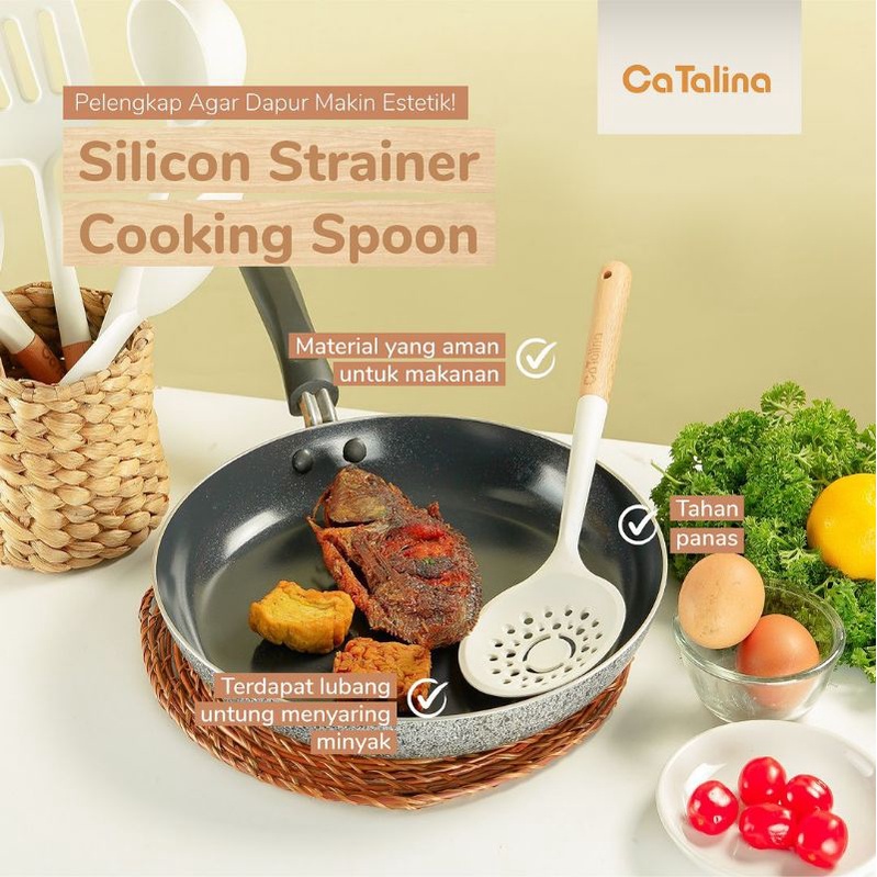Spatula Sutil Irus Berlubang Silicone Handle Kayu Non-Stick Tahan Panas