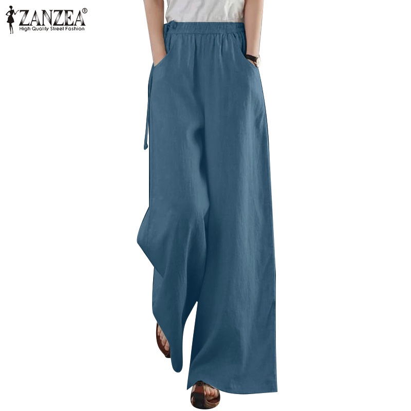 ZANZEA Women Korean Solid Color Commuting Loose Elastic Waist Wide Leg ...