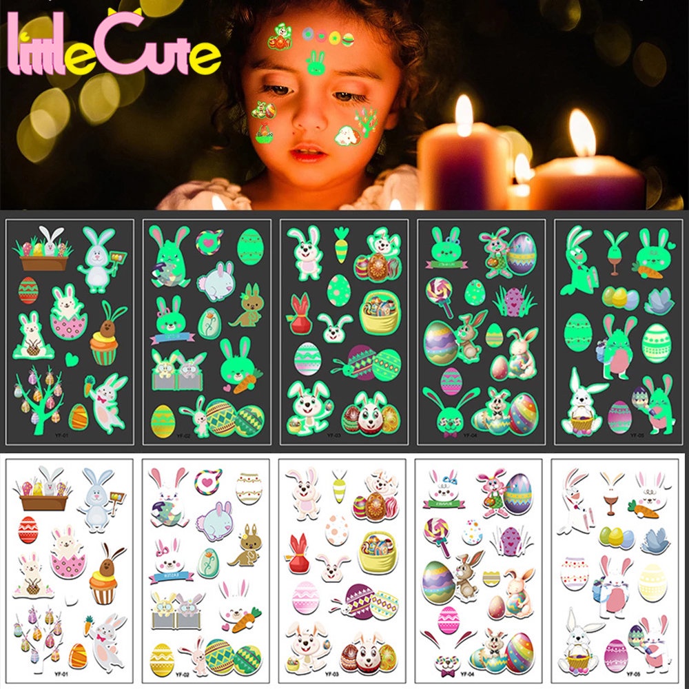 [Beauty]1 Sheet Cartoon Cute Bunny Egg Kids Easter Luminous Temporary