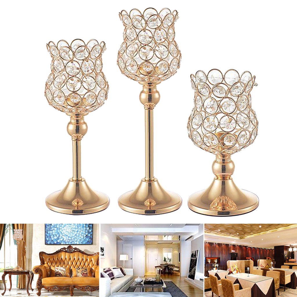 【Simplelove】Crystal Candle Lantern Gold Candlestick Candle Holder Centerpiece Decor