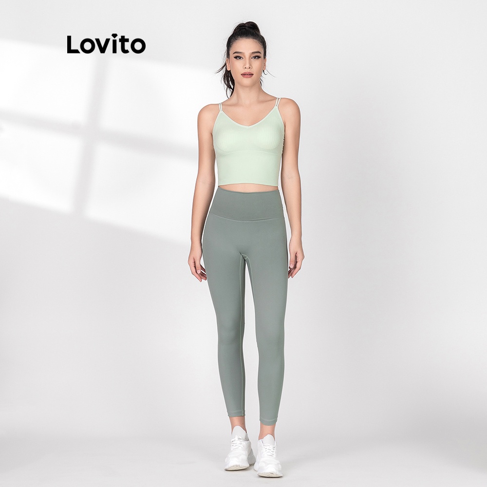 Lovito Plain High Stretch With Pads Yoga Sports Bra for Women L06022 (Black/Green)