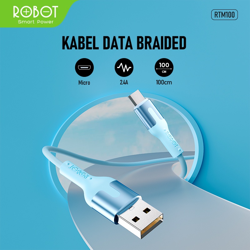 ROBOT Kabel Data 1M Original Fast Charging 2.4A Type-C Micro Lightning – Kabel Charger dan Transfer Data Cepat Tahan Lama Anti Kusut Desain Anyaman Kuat Aluminium Head – Garansi Resmi 1 Tahun - Gambar 2