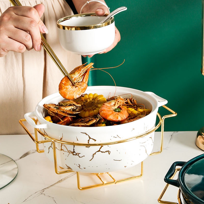 Marble Gold Pattern Nordic Double Ear Ceramic Pot Household Soup Dry ...