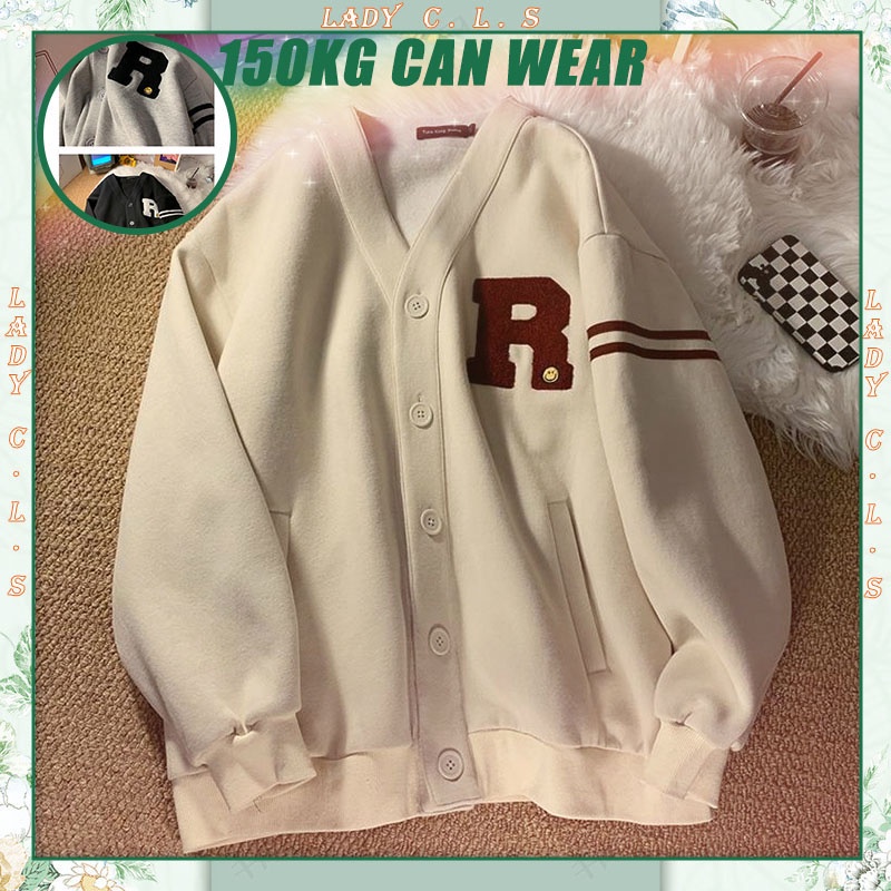 【50%Cotton Plus Size】women Cardigan Baseball Jacket Trendy Loose Sweatshirt Casual  Sportswear Men's and Women's Student Preppy Top Ins Street Style Autumn V Neck Tops