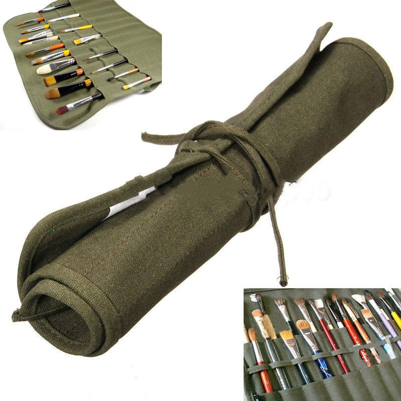 Hot Roll Up Canvas Paint Brush Storage Case Bag For Watercolor Oil