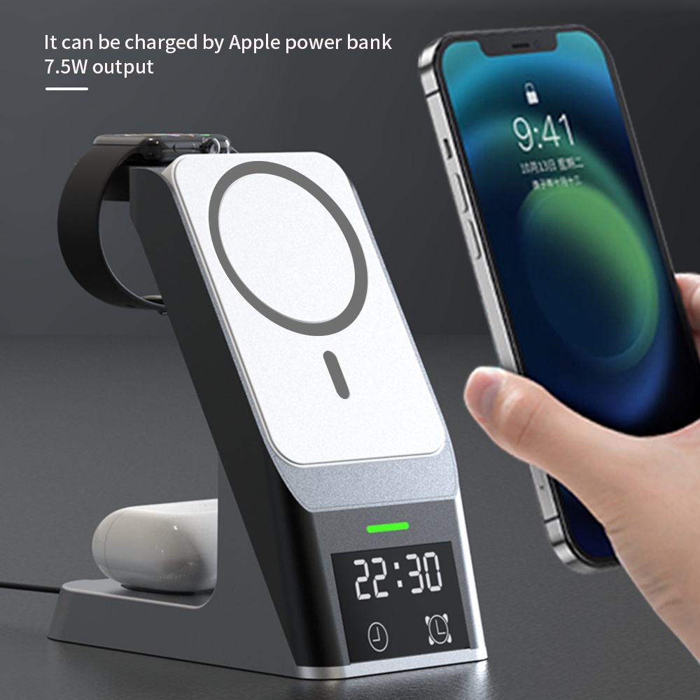 Magnetic Wireless Charging 6 in 1 Dock Charging Station For iPhone Samsung Watch 15W Fast Charging With Alarm Clock