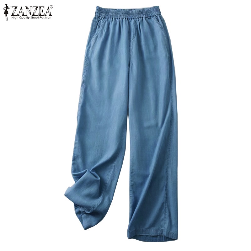 ZANZEA Women Casual Side Pockets Elastic Waist Wide Leg Long Pants ...