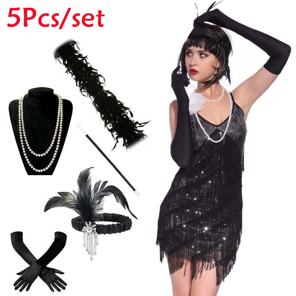 Set De Accesorios Great Gatsby Flapper Para Mujer - Diadema, Collar, Pendientes, Medias Y Guantes, Tema Años
