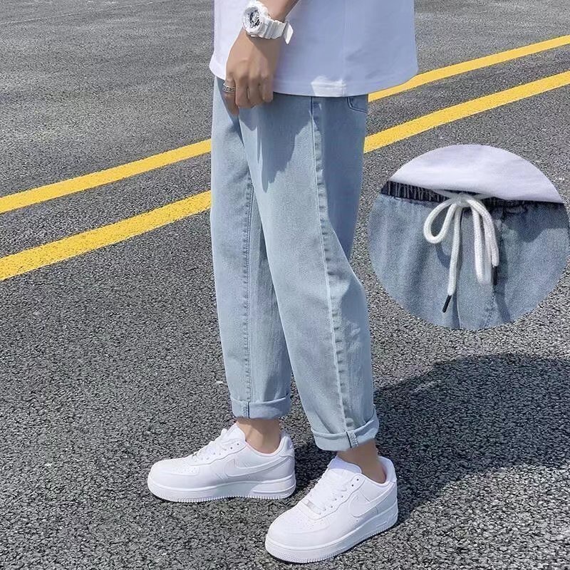 2023 Autumn Winter New Korean High Street Men's Jeans Loose Straight Pants  Fashion Elastic Casual Pants 3xl