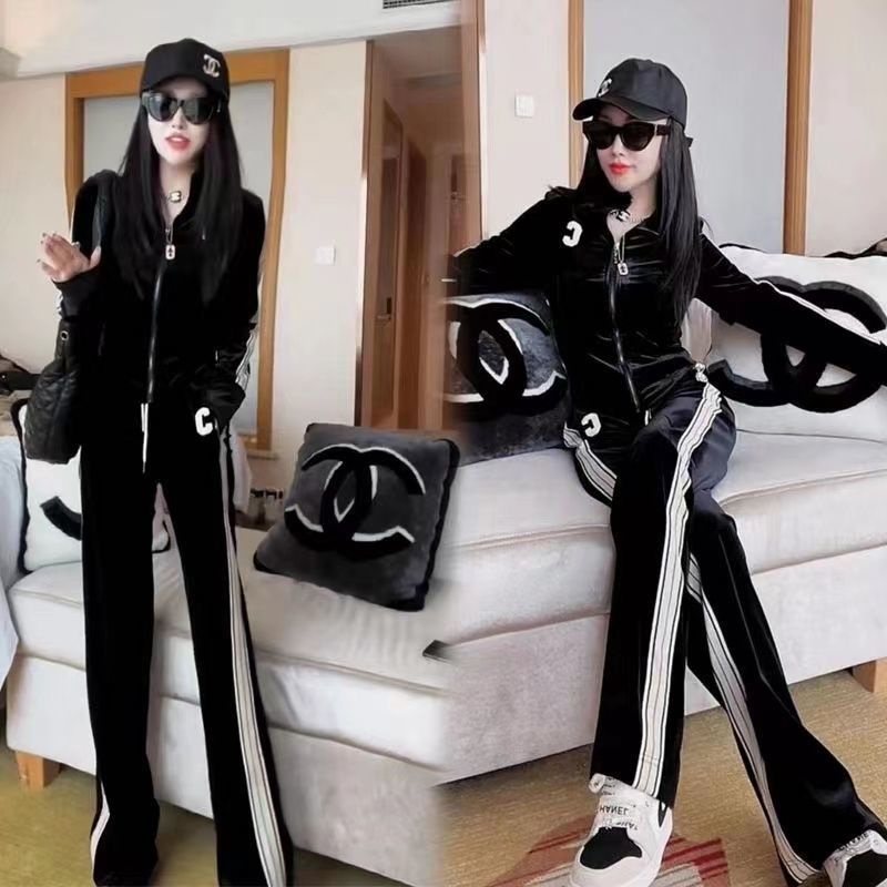 Gold Velvet Casual Sports Suit Women 2022 New Fashion Wide Leg Pants Two-piece Set