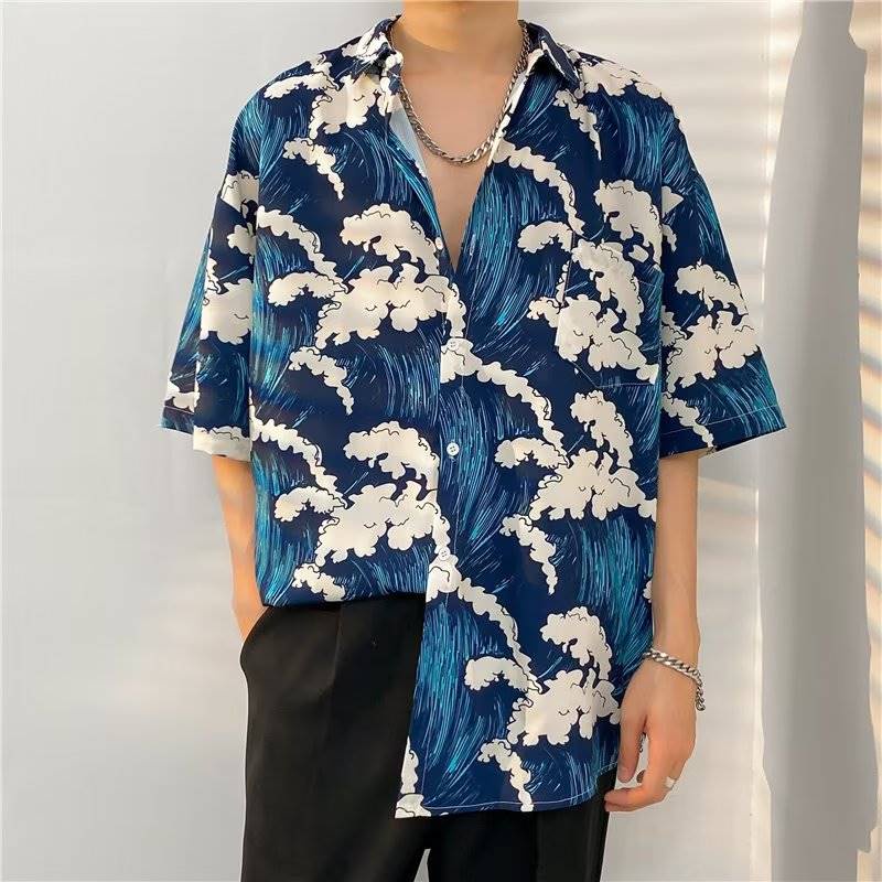 M-XXXL Summer Japanese Style Men's Fashion Short Sleeve Hawaiian Shirt Waves Design Casual Floral Shirts Beach Resort Clothing Blue