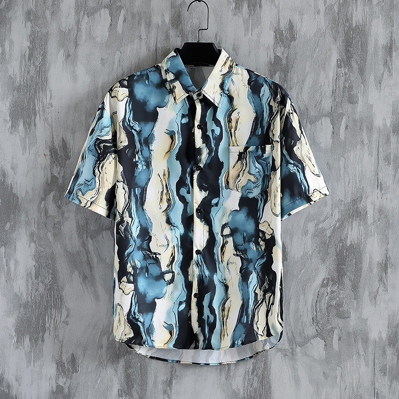 Summer Men's Short-Sleeved Newspaper Shirts, Thin Graffiti Trendy