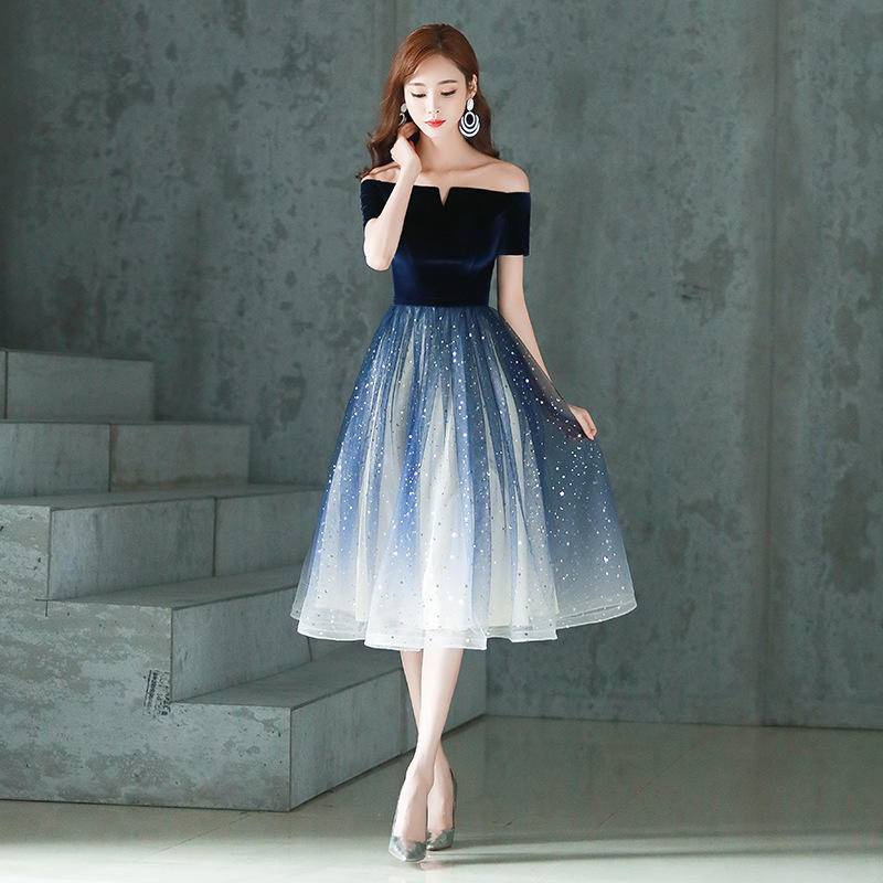 Customise Ladies Navy Blue Off-shoulder Evening Dress Celebrity party  Off-shoulder Gradient Dress Piano Performance Dress Evening Banquet Host  Slim Fit Starr Gradient Dress | Shopee Singapore