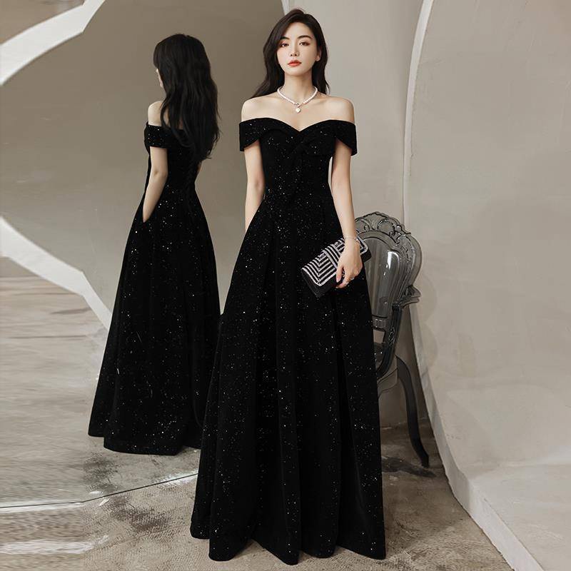 Customise Women Off shoulder Black Evening Dress Annual Meeting Host Slim Fit Dinner Dress Socialite Party Charity Party Toast Dress Music Festival Piano Performance Dress Shopee Singapore