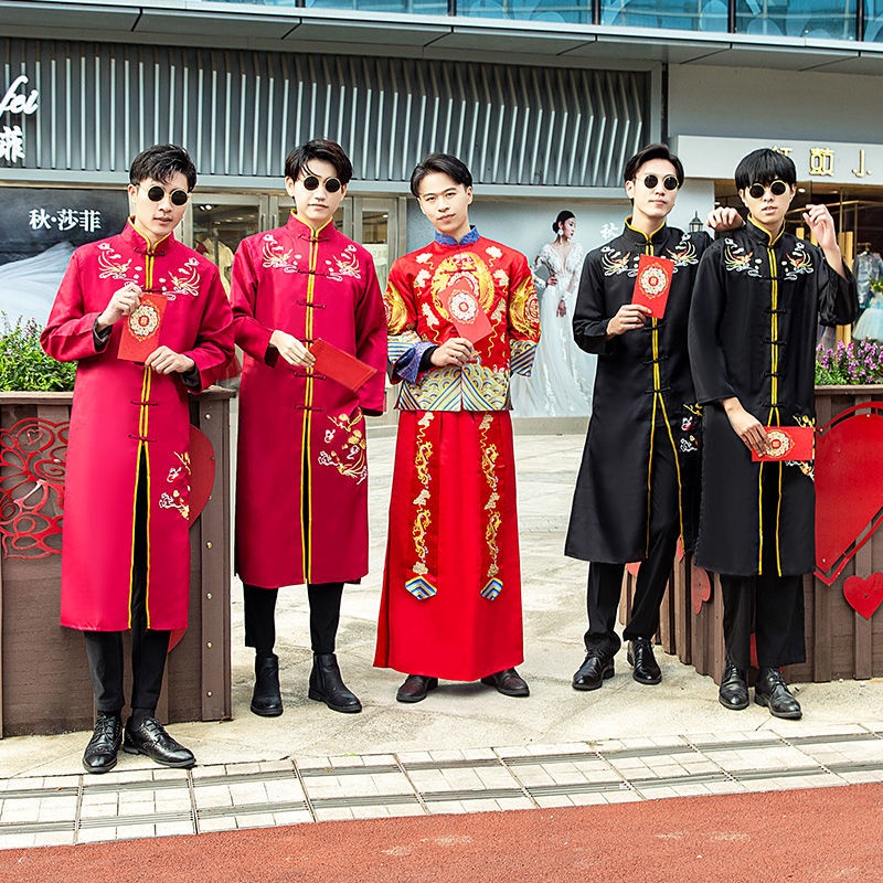 Chinese Style Handsome Groomsmen Dress Male Wedding Vintage Robe Hanfu Long Shirt Brothers Group Welcome Kiss Shopee Singapore