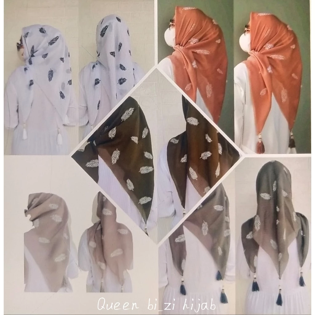 HIJAB SEGI EMPAT MOTIF BULU MERAK POMPOM / HIJAB SEGIEMPAT TASSEL MUTIARA MOTIF BULU MERAK VIRAL