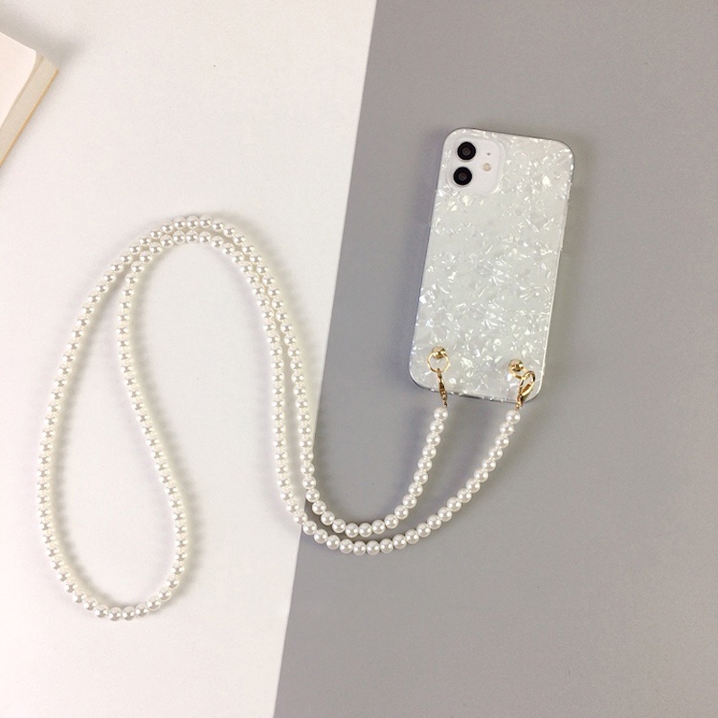 Crossbody Lanyard Necklace Pearl Bracelet Shell Pattern case with Chain for iPhone 11 12 13 14 Pro Max XR X XS Back Cover