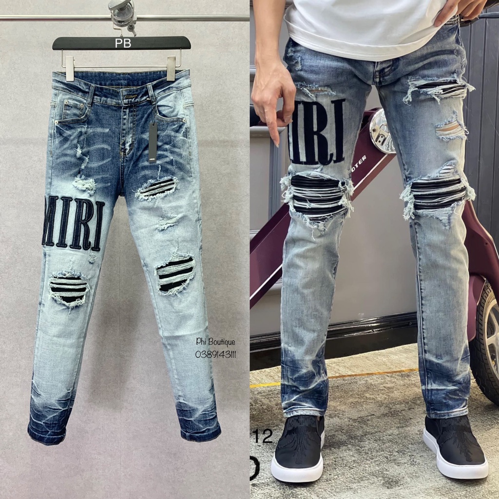 Amiri slimfit men's jeans are blue, torn with tassels embroidered black ...
