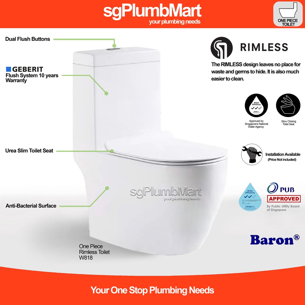 Baron Rimless x sgPlumbMart 1Piece Toilet Bowl W818/W888 One Piece WC