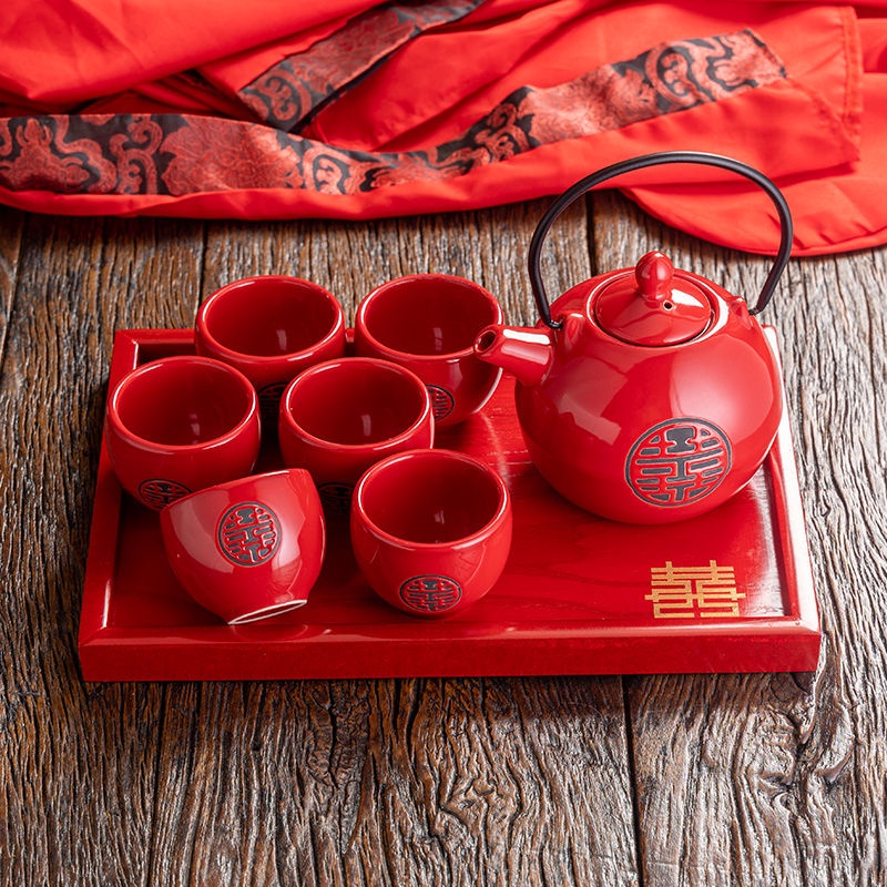 Chinese Red Double Happiness Ceramic Jing Tea Cup Pot Wedding Tea Set