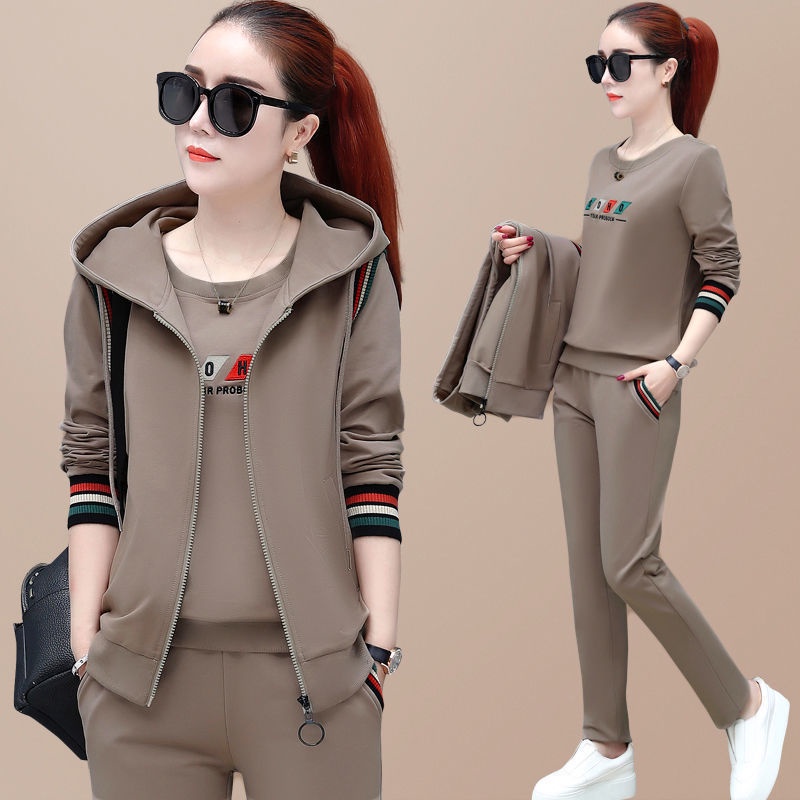 ∋❈Three-Piece Autumn Winter New Style Korean Version Long-Sleeved University T Large Size Casual Sportswear Suit Women