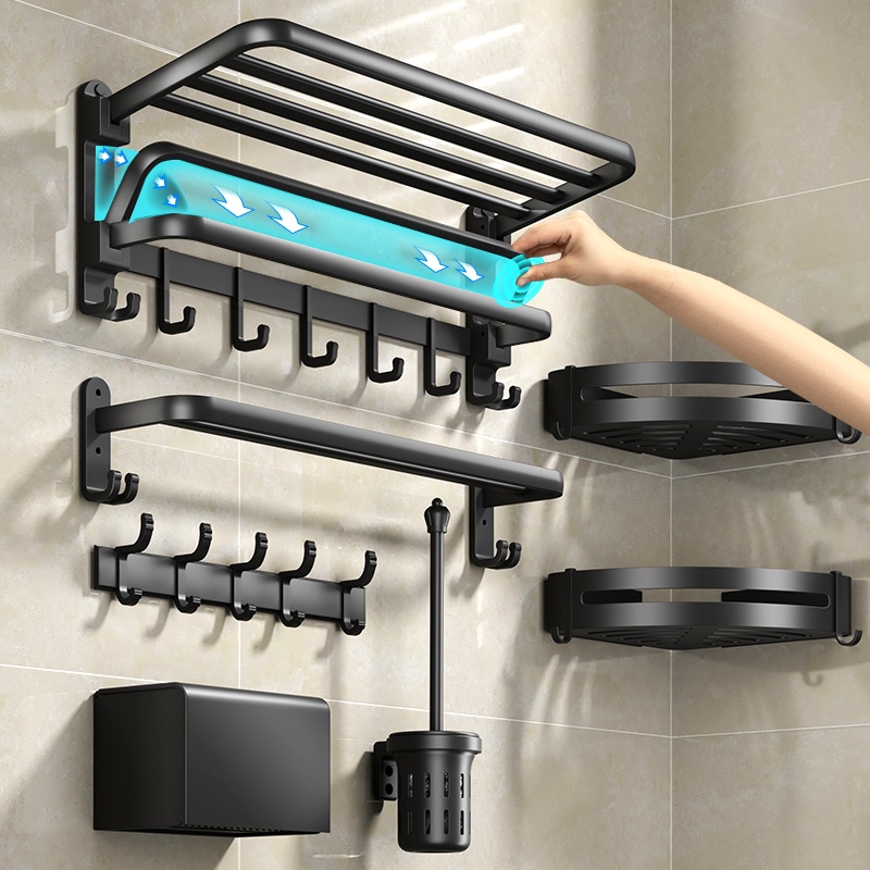 YUN JIE YA Bathroom Hardware Set Folding Black Towel Bar WallMounted