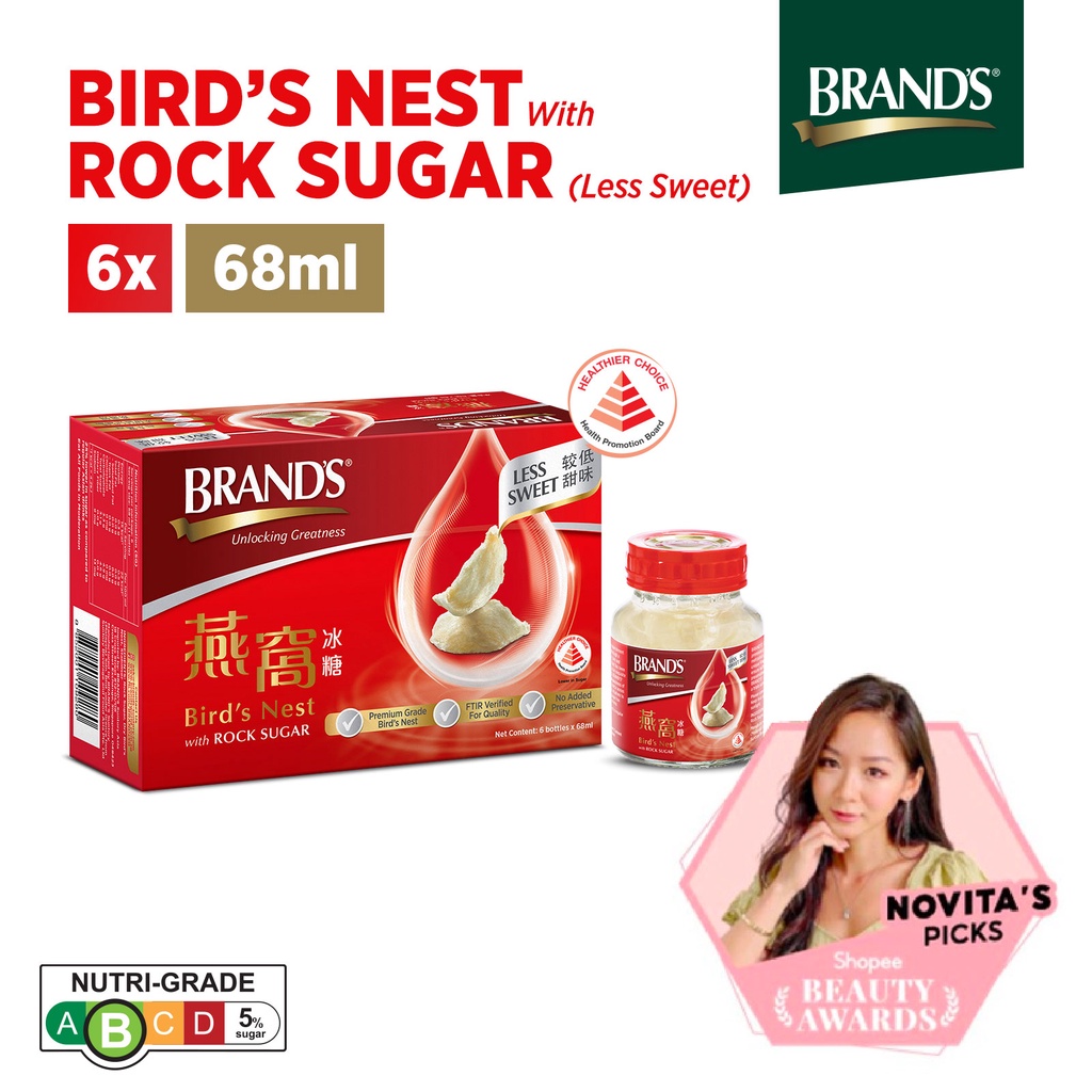 BRAND'S® Bird's Nest with Rock Sugar (Less Sweet) | 6 Bottles x 68ml | 100% genuine bird’s nest | Halal-certified