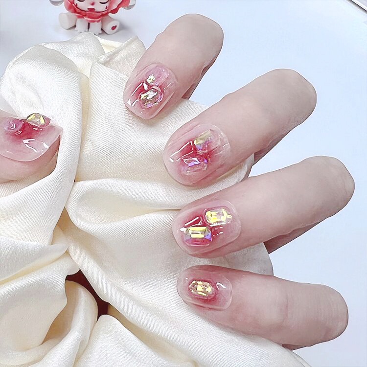 【24PCS+Glue】Crystal Flower Fake Nails Set Diamonds False Nails With ...