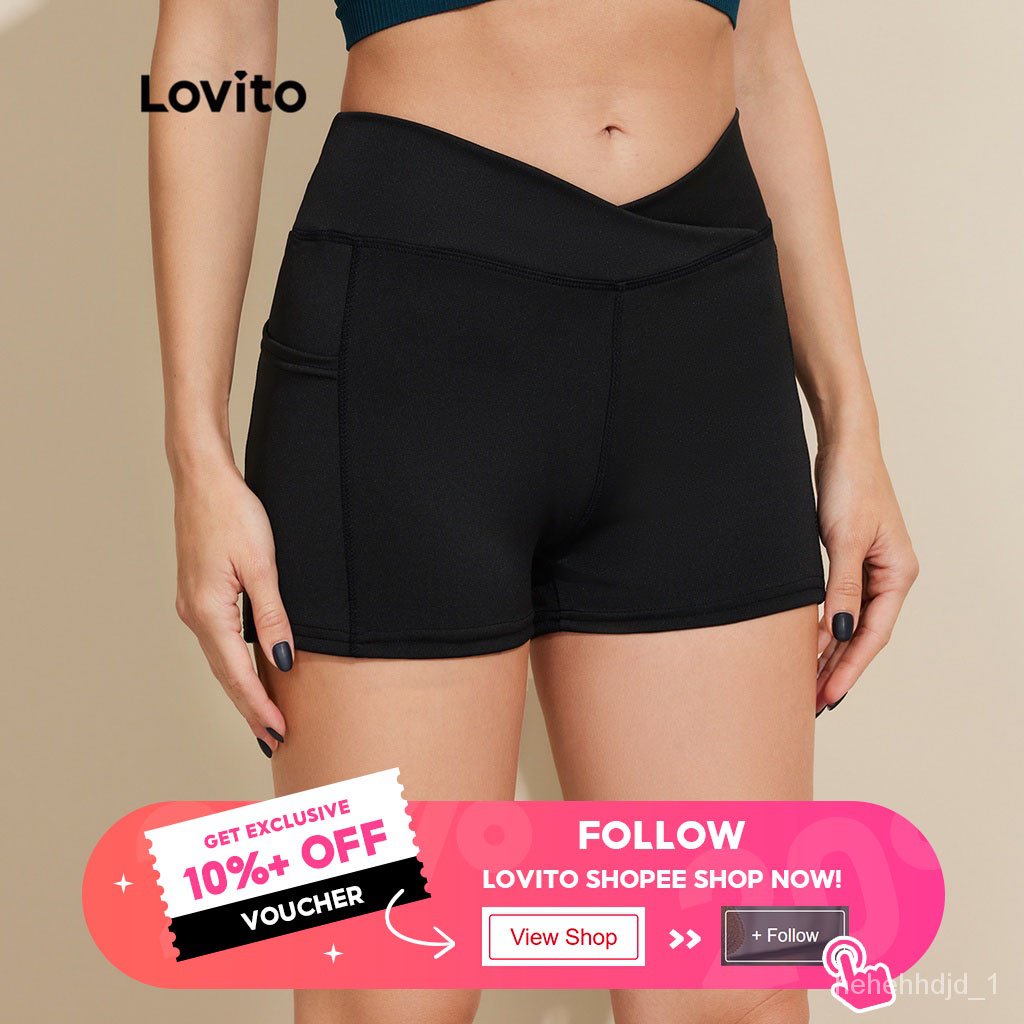 🥇[preferred]🥇lovito Sporty Plain Pocket Criss Cross High Waist Sports