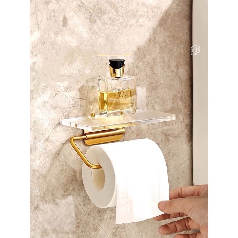 Luxury Toilet Paper Holder Toilet Roll Storage NoDrill Bathroom Rack Storage Acrylic + Gold
