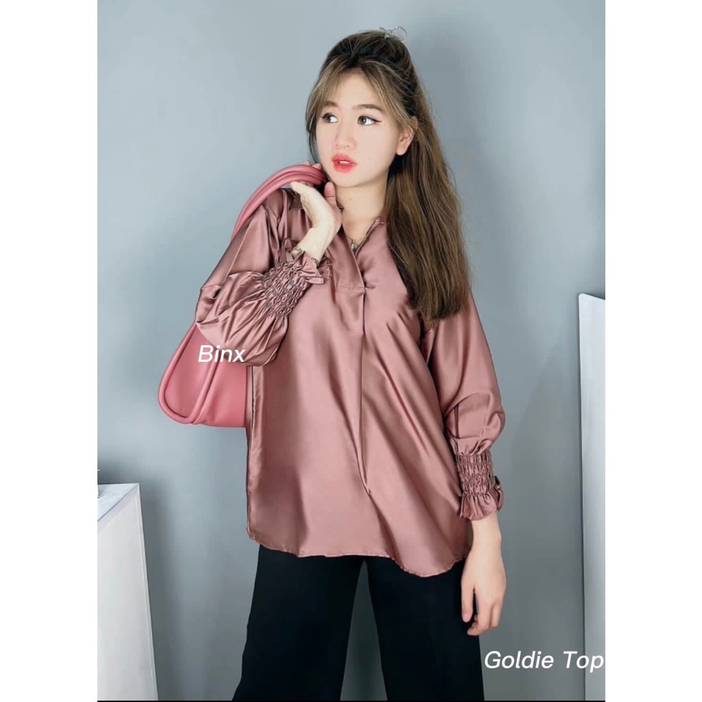 Binx Top Goldie Blouse Satin/Blouse Wanita Satin/Atasan Wanita Satin - Gambar 3
