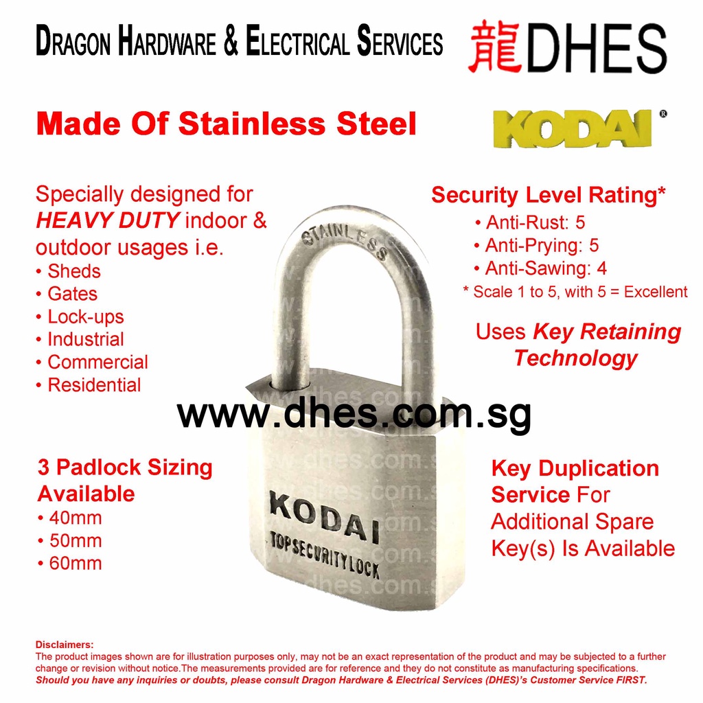 Kodai Heavy Duty Stainless Steel Anti Rust Key Retaining Padlock Lock 40mm 50mm 60mm Shopee