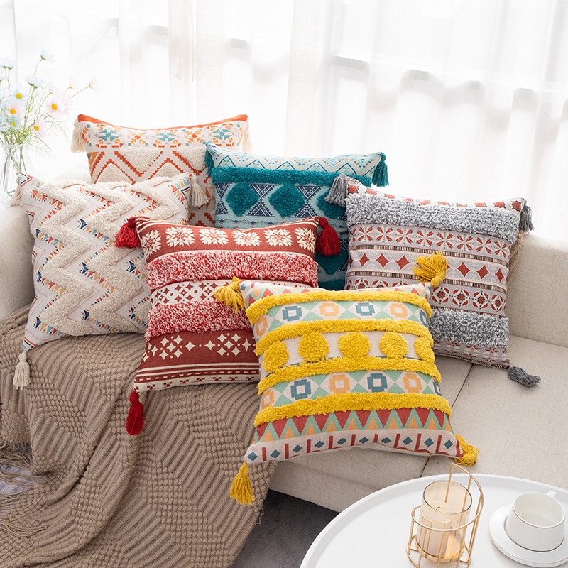 New Bohemian Geometric Tufted Pillowcase Home Tassel Cushion Cover