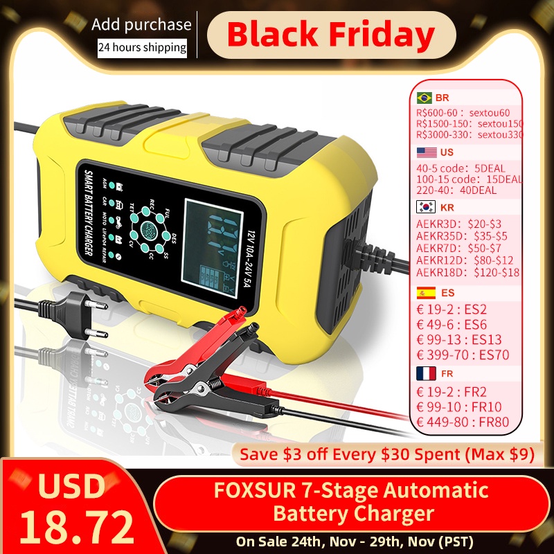 FOXSUR 7Stage Automatic Battery Charger 12V 10A 24V 5A Car Charger For