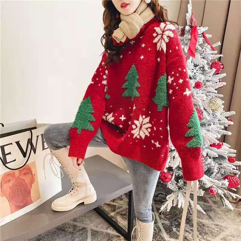 Red Christmas New Year Sweater Women's Loose Korean Round Neck Pullover ...