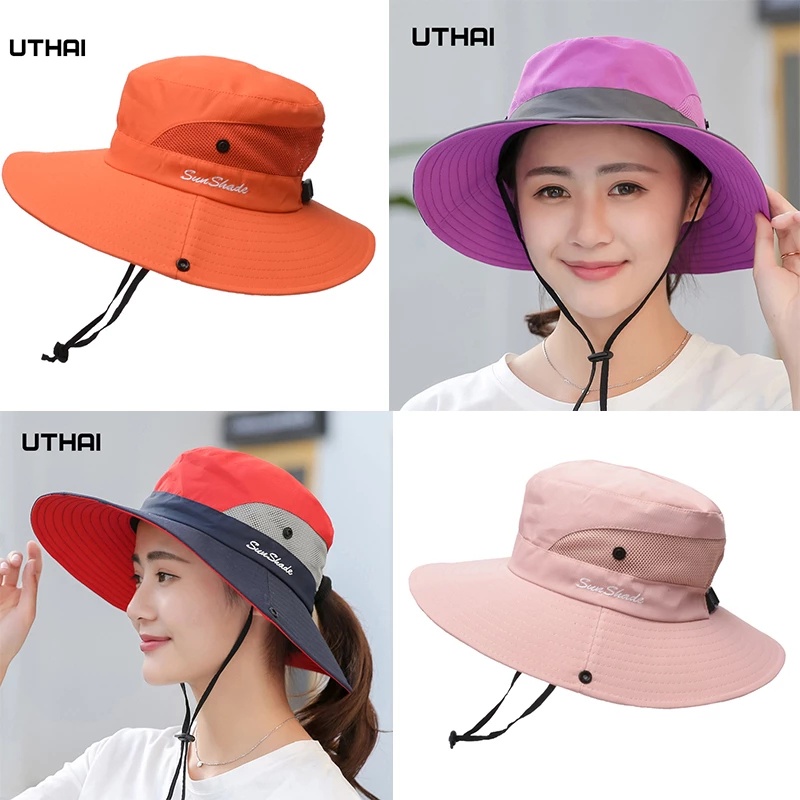 Women's Bucket Hat UV Resistant Ponytail Hats With Large Brim Summer