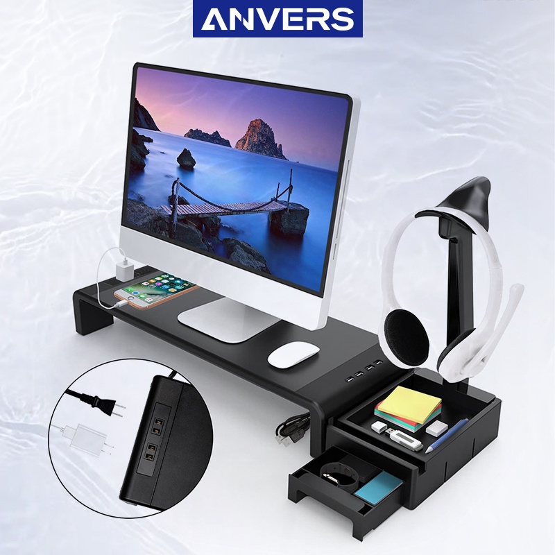 [Local Seller]Anvers Monitor Stand Riser with Drawer Computer Stand 4 USB Adjustable Width Laptop Stand Headphone Stand