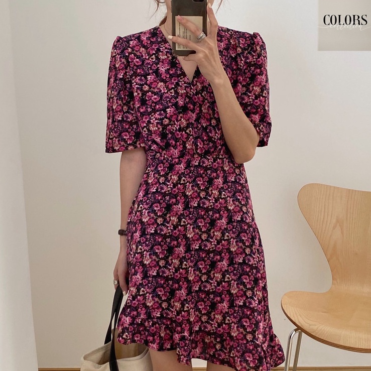[SG Local] Elegant retro feminine line purple floral office dress work dress Shopee Singapore