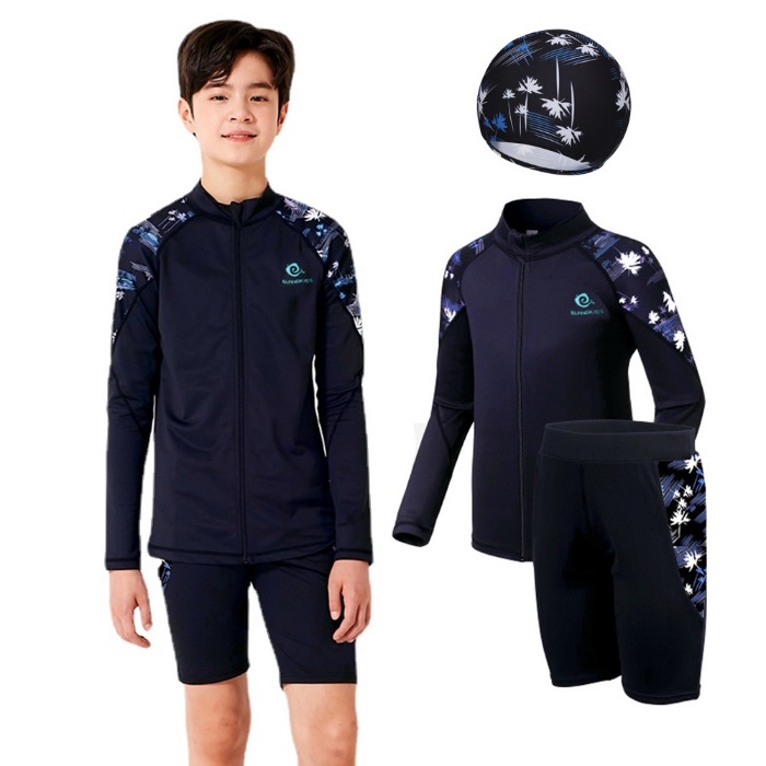 Ready stock 914 Years Kids Boys Swimming Suit Teen Split Long Sleeve Swimwear with Swim Cap Big