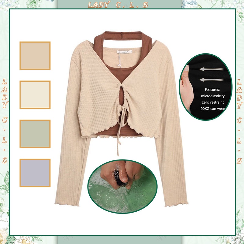 Two Piece Set Knitted Crop Top Set Long Sleeve T Shirt Women Short Smock Blouse Women Sweatshirt Oversized High Quality Retro Casual Plus Size Plain Loose Vintage Korean Style Woman Tops Tshirt / Vest