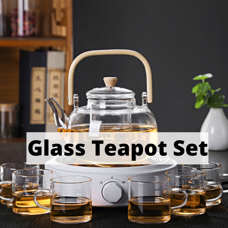 {SG} 1000ml Glass Teapot Tea Pot Set Glass Tea Cup for Blooming Tea