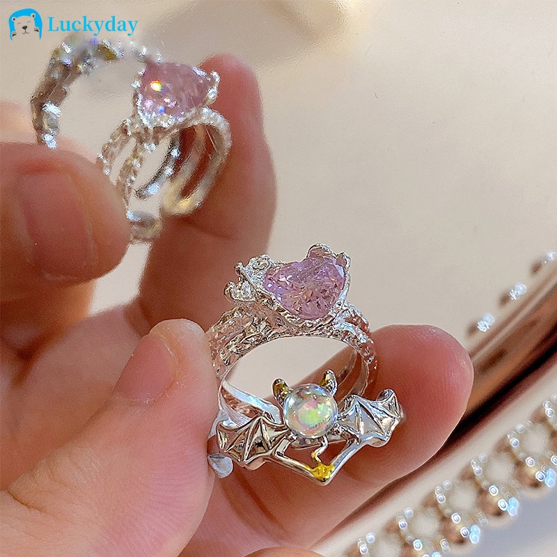YEEZII Y2K Gemstone Open Rings for Women Angel Wings Powder Crystal Heart Drop Oil Ring Set Jewelry Accessories