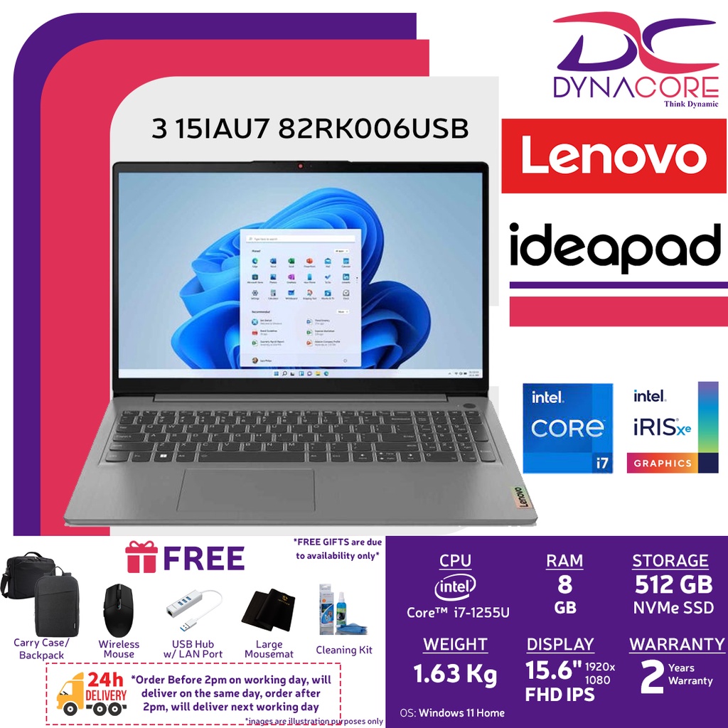 LENOVO IP3 15IAU7 82RK006USB 15.6INCH FHD IPS i7-1255U | 8GB | 512GB SSD | WIN 11 HOME | INTEL IRIS XE | GREY | 2YEARS