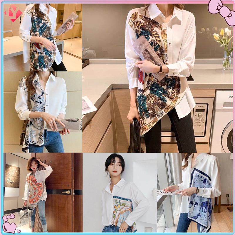 2023 Spring Autumn Women's Clothing New Design Multi-style Sense Retro Printing Irregular Cut Stitching Long-sleeved All-match Shirt Top Unique Blouse