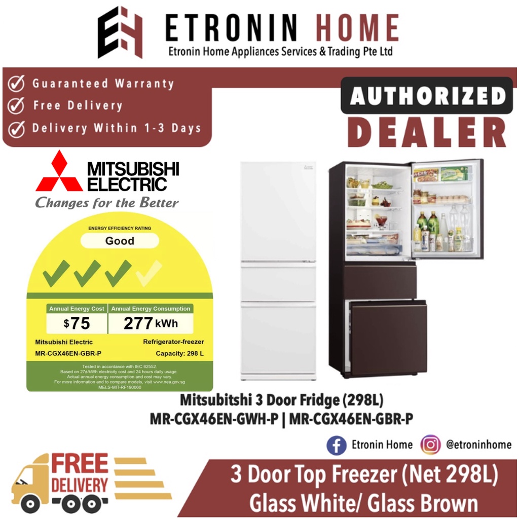 Mitsubishi 298L 3 Door Bottom Freezer Refrigerator MRCGX46EXGBRP