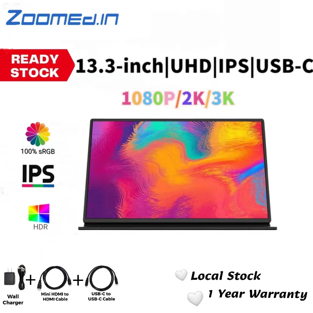 Zoomed_in 13.3'' 1080P/2K/3K IPS Portable Monitor USB3.0 TypeC/HDMI