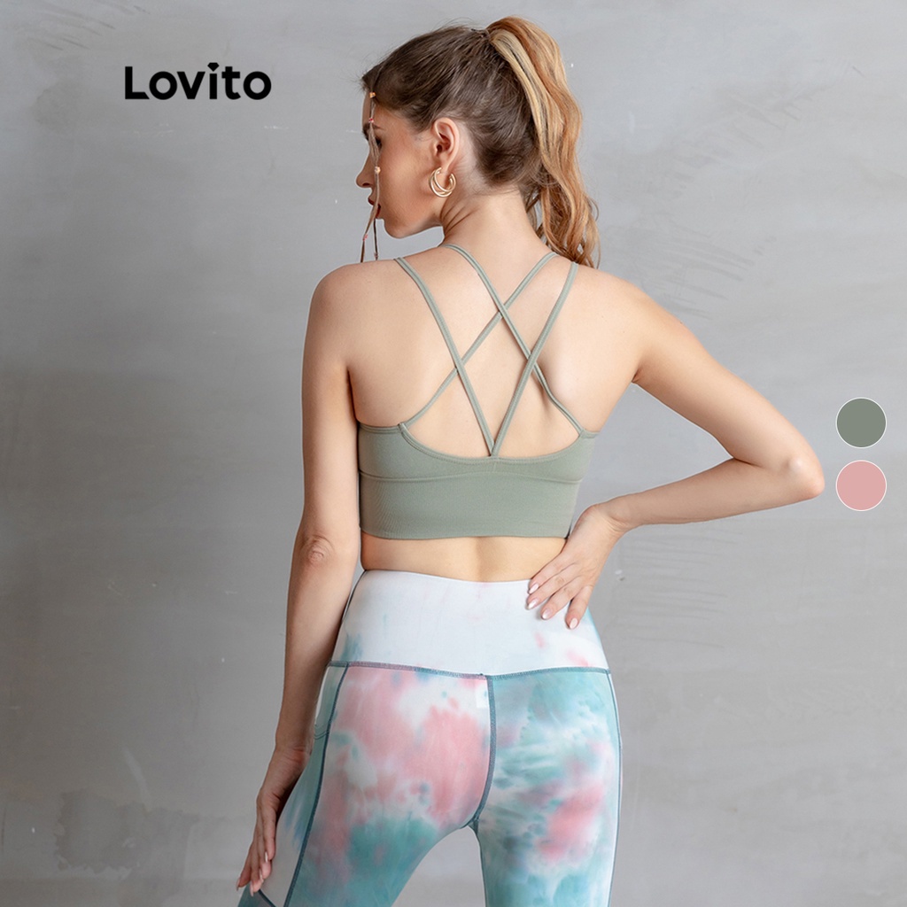 Lovito Sporty Plain Criss Cross Softness High Support Push Up Bra Gym Outfit For Women L05222 (Pink/Green)